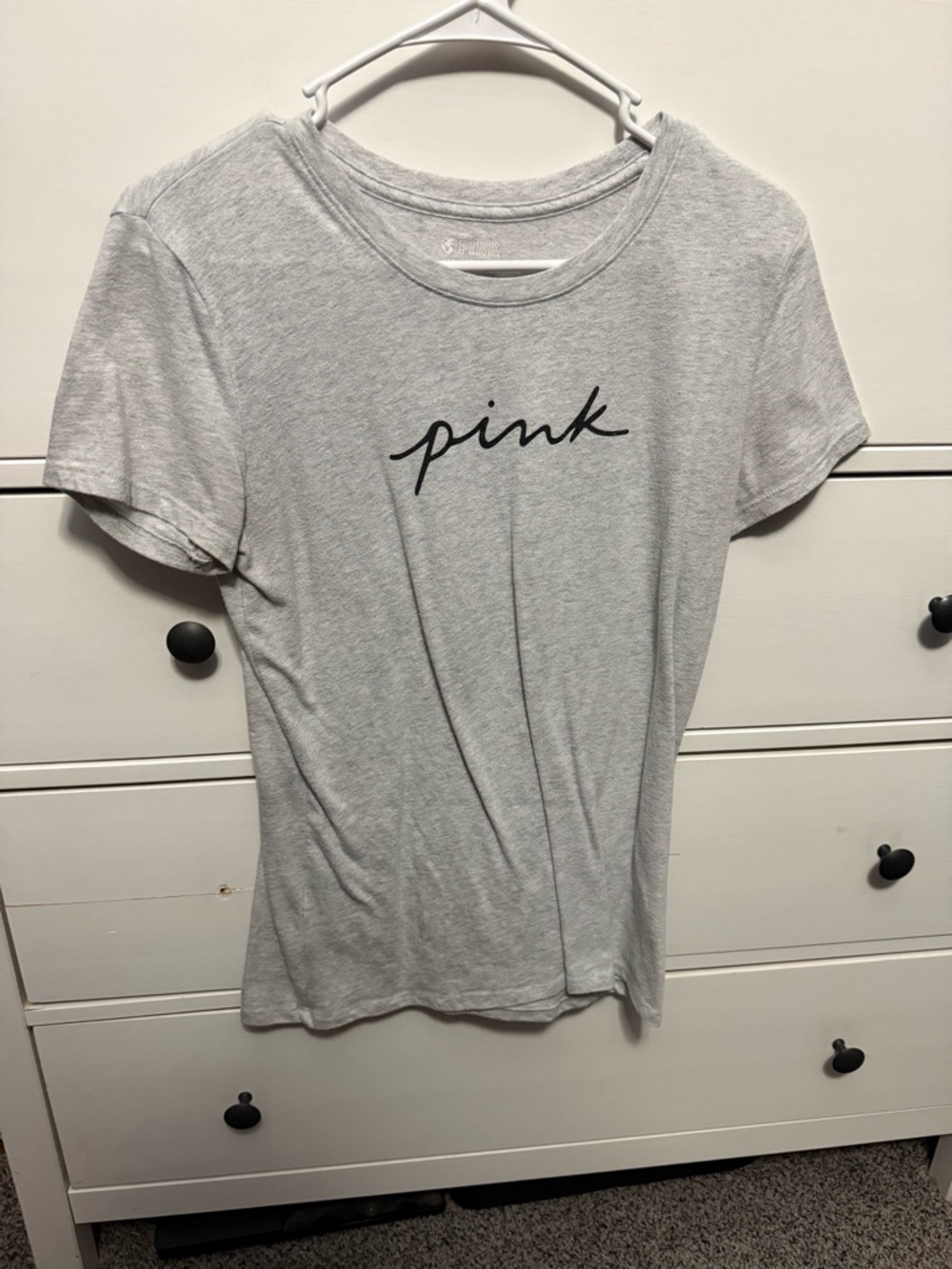 PINK Victoria's Secret Light Gray Tee with Black Script Logo